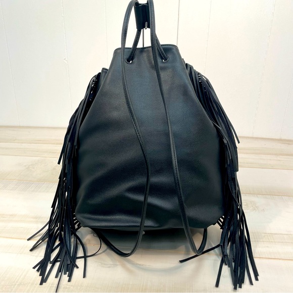 Victoria’s Secret NWT Black Faux Leather Fringe Drawstring Backpack Vegan - Picture 2 of 9